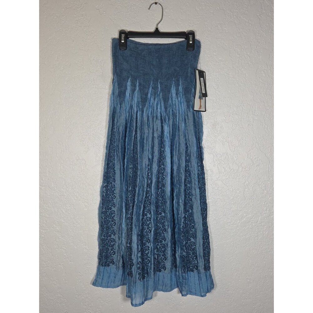 Lapis Shimmer Smocked Embroidered Maxi Skirt One Size Blue Whimsy Boho Gypsy
